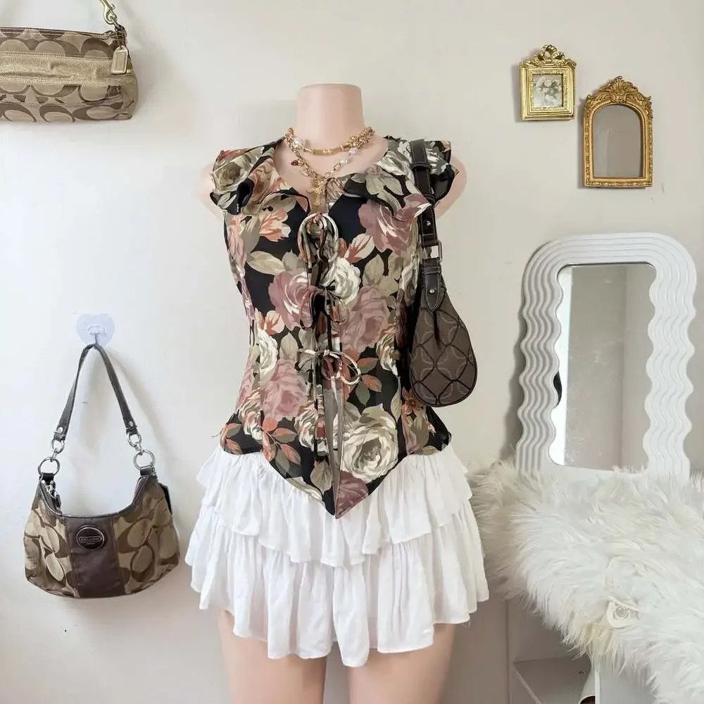 Y2K Floral Print Sleeveless Tie-Front Top